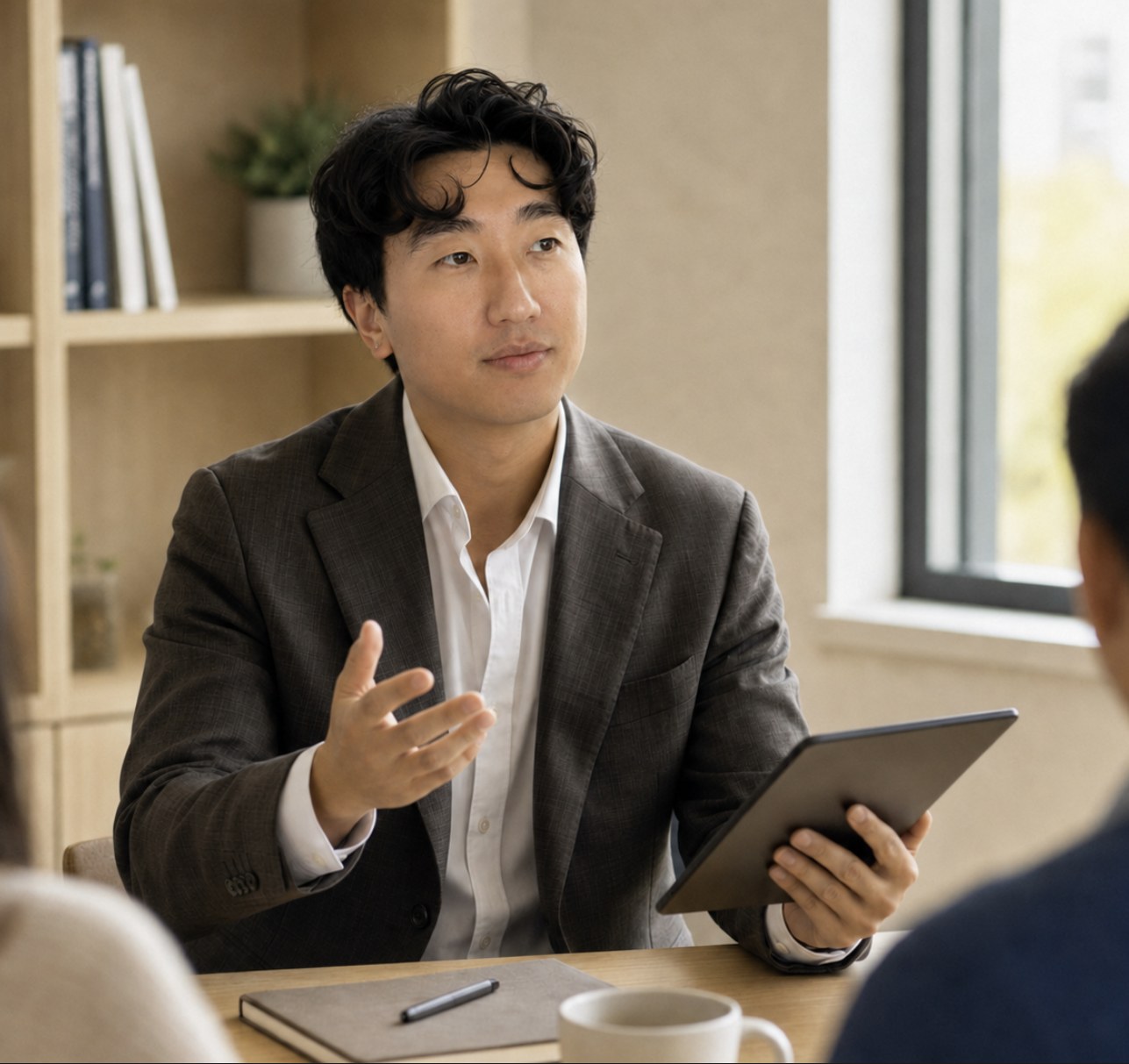 Jake Song explaining a financial plan across a table